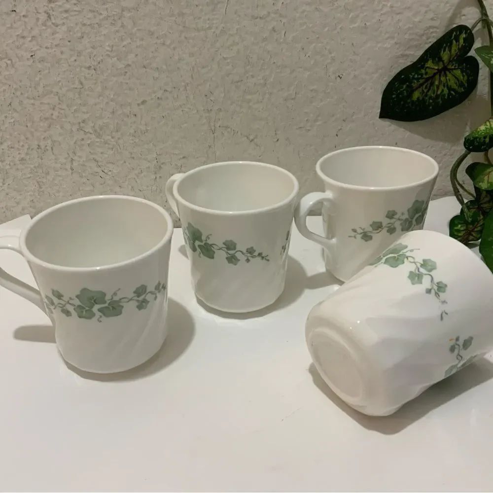 SET OF 4 VTG MCM CORELLE STONEWARE GREEN IVY PRINT CERAMIC COFFEE CUPS/MUGS G13